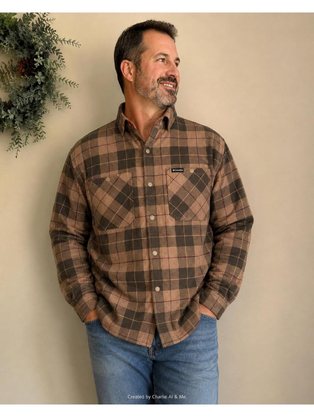 Columbia Mens XL Tan Black Plaid Fleece Lined Snap Shirt Jacket Shacket